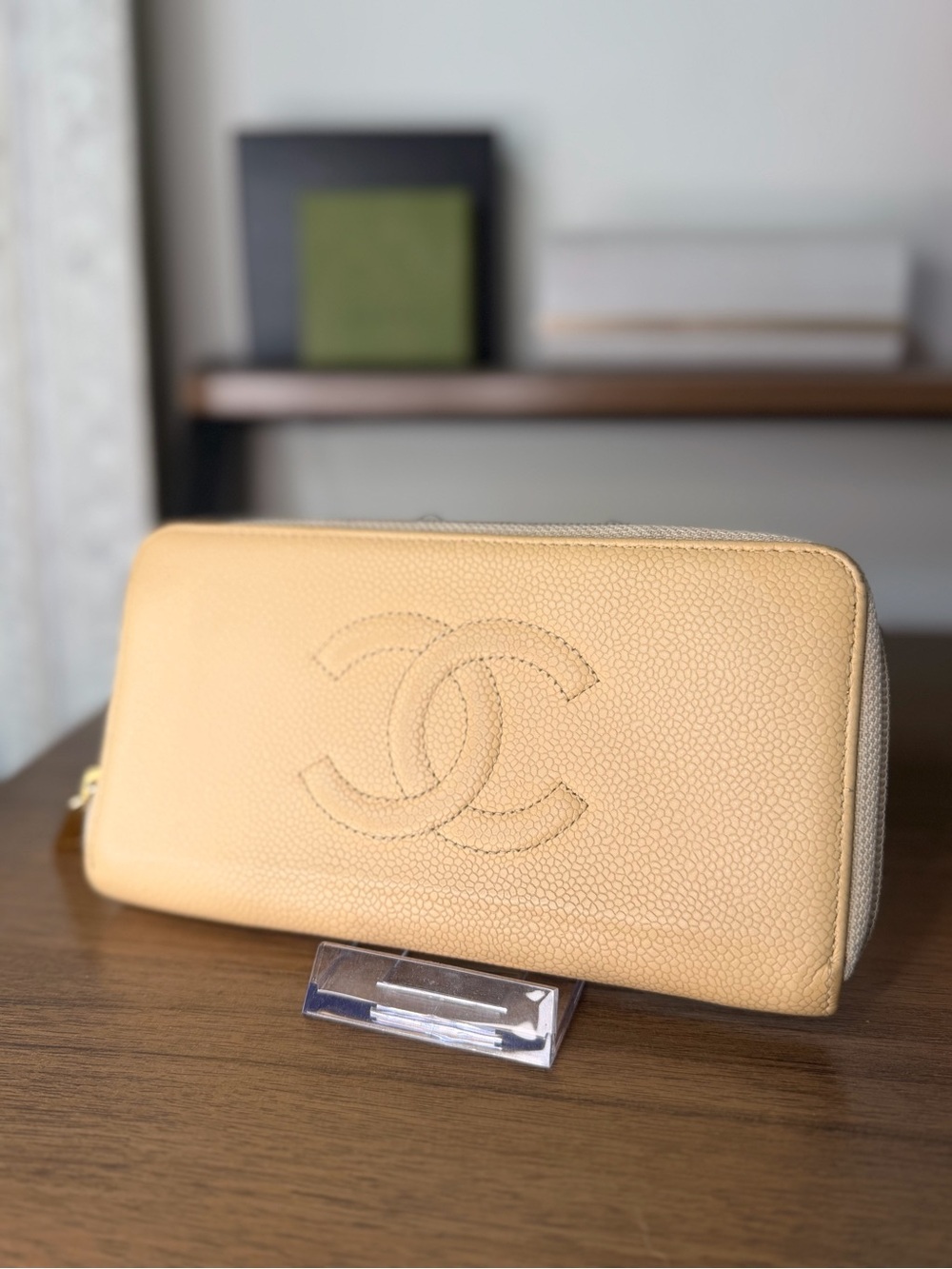 AUTHENTIC CHANEL Beige CC Logo Leather Long Zip Wallet - 16 Series